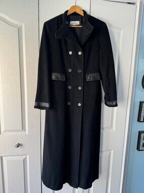 Calvin Klein Size 6 Full Length Black Wool/Leather Coat